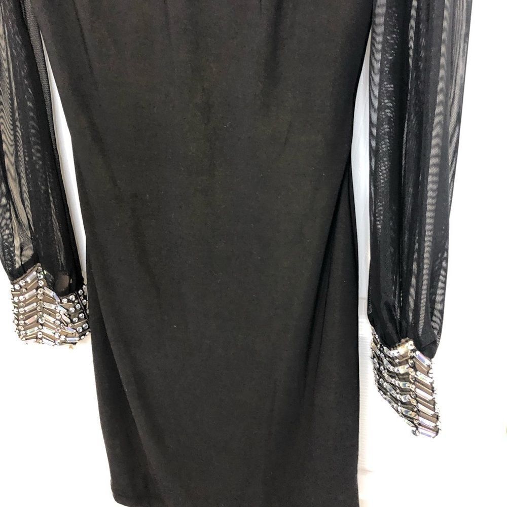 Jodi Kristopher black mini dress with long sheer sleeves and rhinestone cuffs - Picture 3 of 16